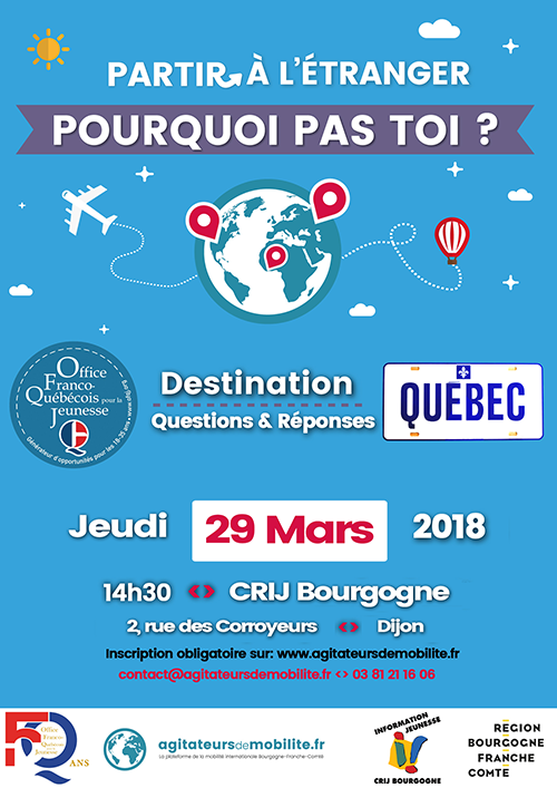 Affiche Journée d'info Québec au CRIJ Bourgogne à Dijon le 29 mars 2018